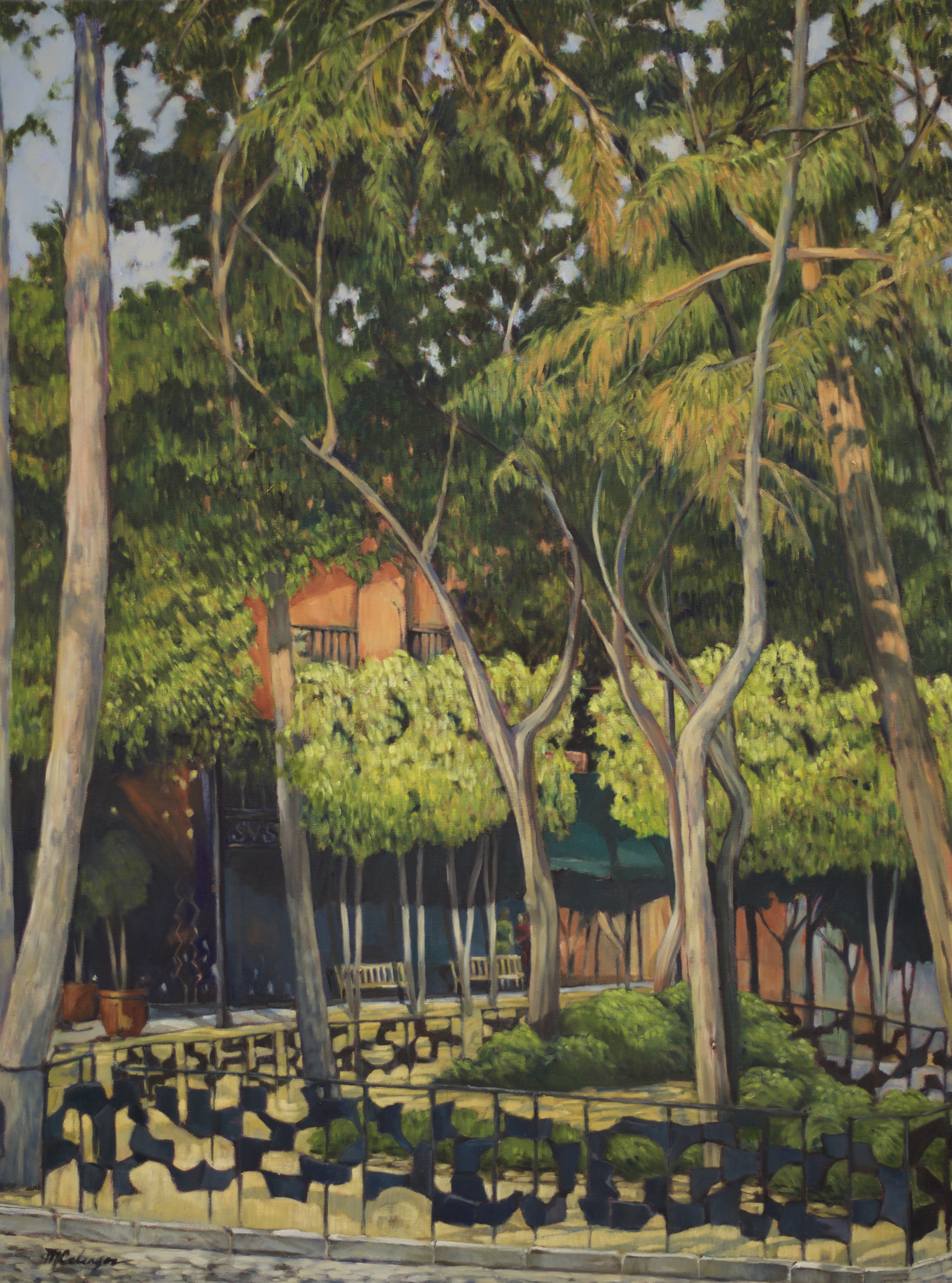 oil painting, trees, Mexico, Plaza San Jacinto, San Angel, park, green, landscape