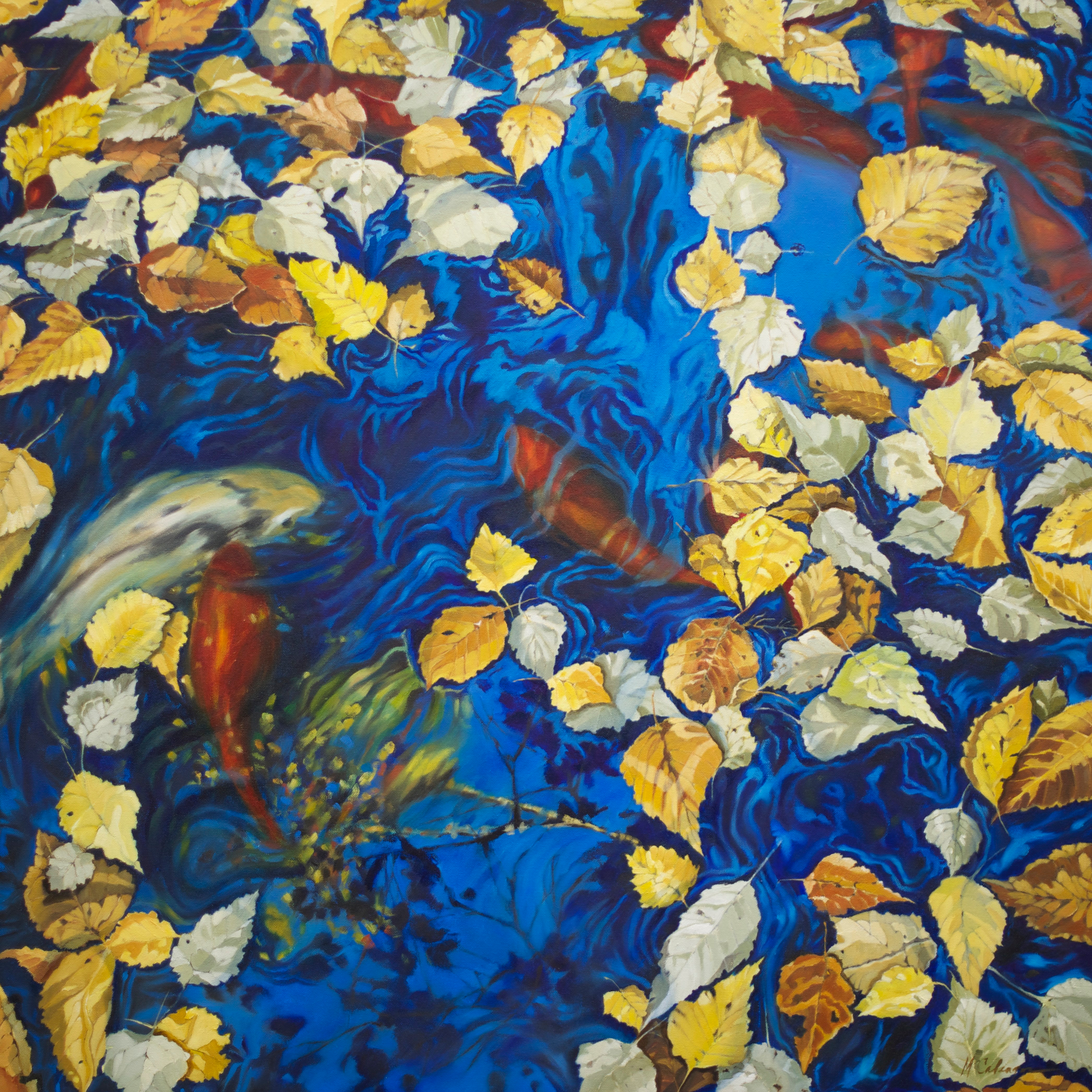 Koi Pond, oil painting, water, leaves, fish swimming