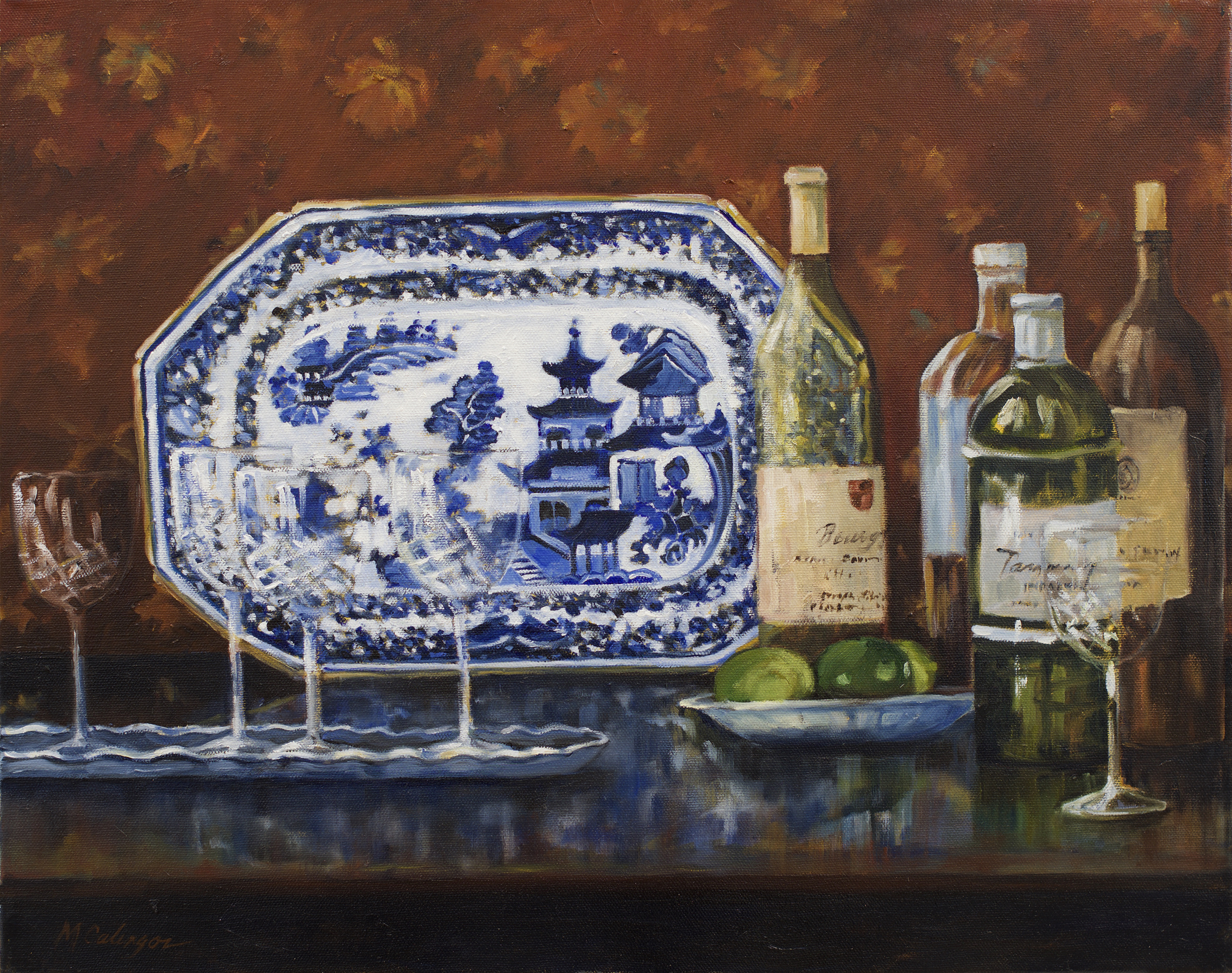 still life, chinese plate, bar, wine bottles, 